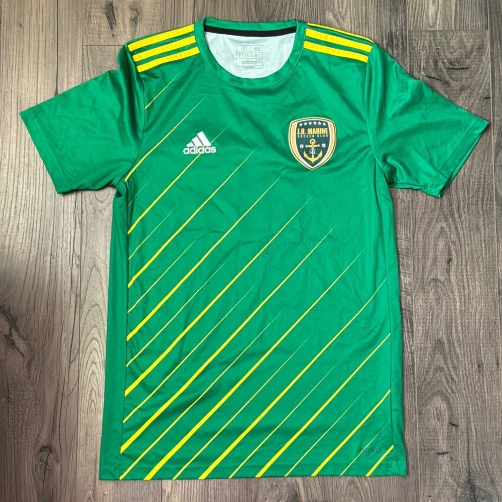 Adidas JB Marine Soccer Club Jersey Mens Small Green Yellow Striped Number 12